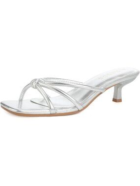 Women's Silver Faux Leather Summer Spaghetti Strap Square Open Toe Fashion Heel